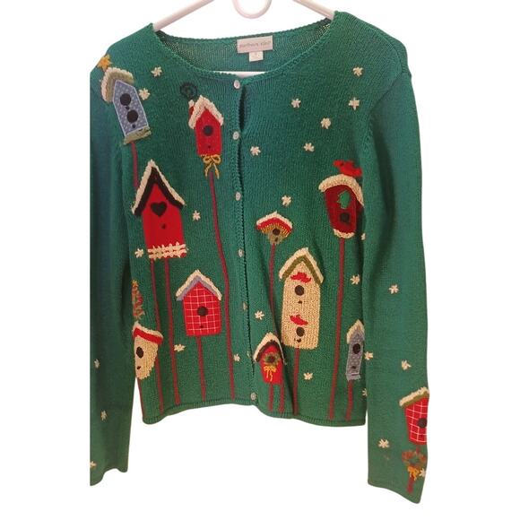 Northern Isles Sweaters - Vintage Northern Isles Christmas Birdhouse Cardigan Sweater Green Size Small